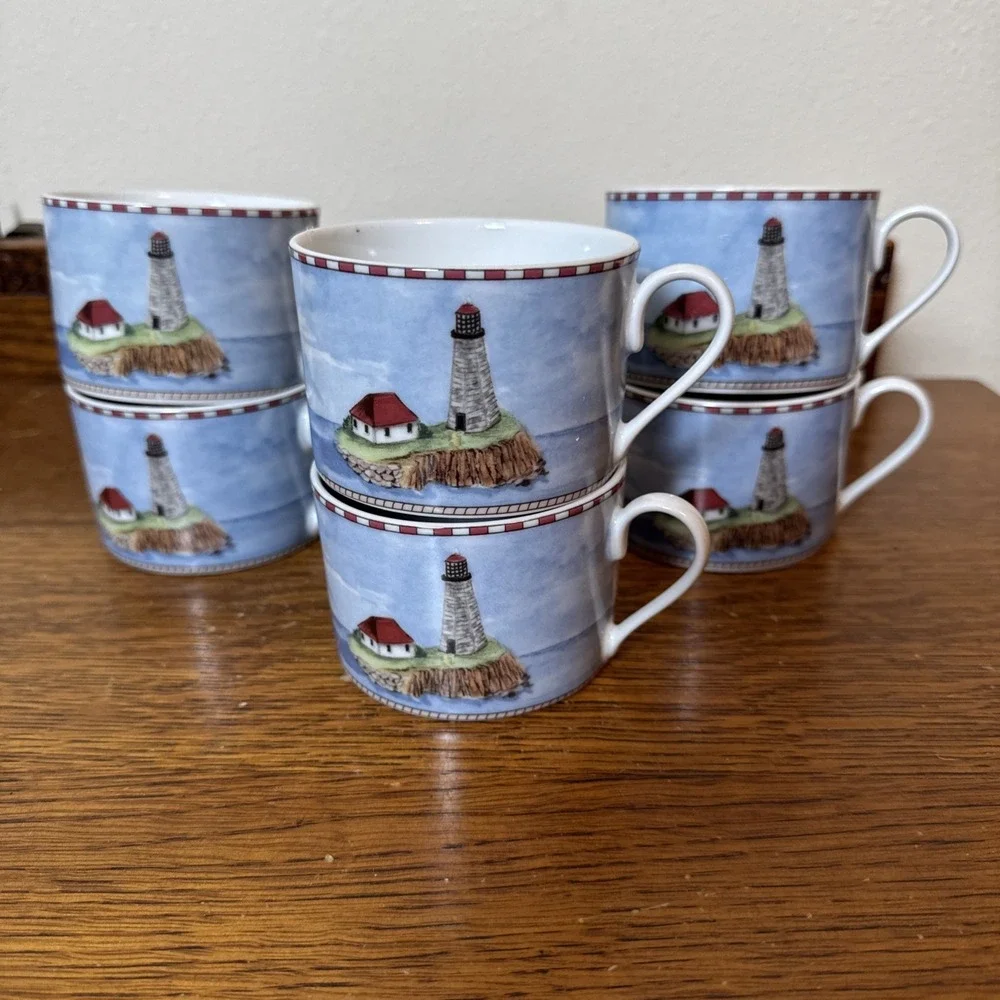 Lot/6 Set LIGHTHOUSE 1/2 MUGS 6-8 oz American Atelier 5100 SIGNALS Demitasse?